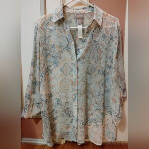 Chico’s Button‑Front Paisley Blouse – Size 2 (L) – Lightweight & Flowy